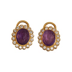 Pair of 18k Yellow Gold Diamond and Amethyst Earrings