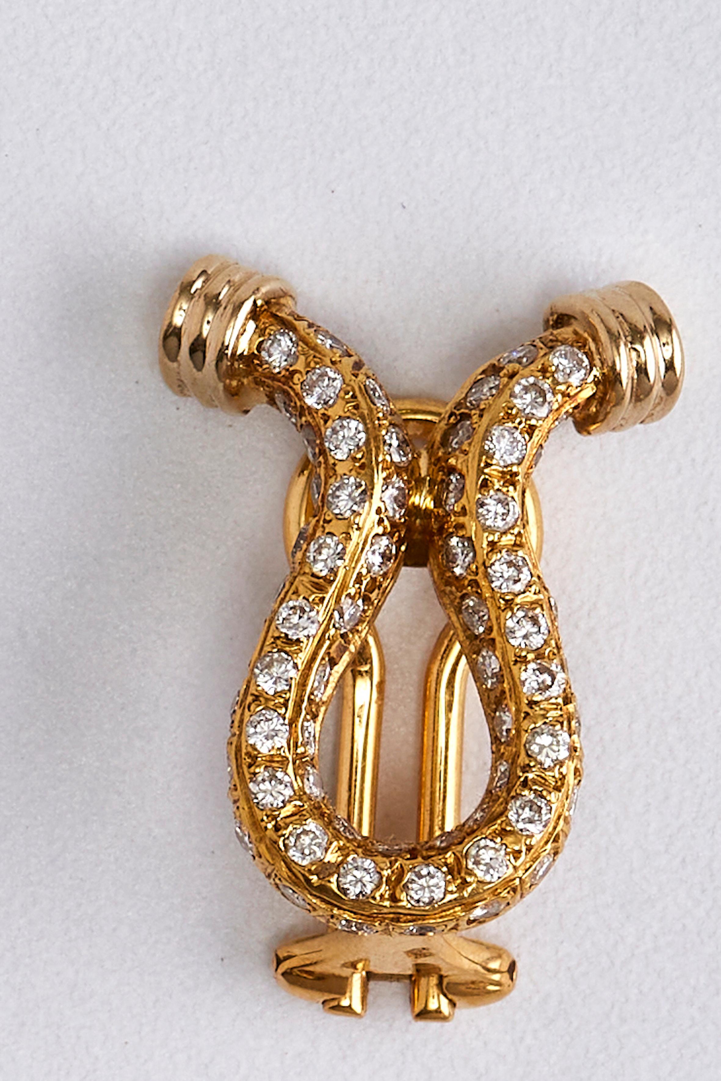 Pair of 18k Yellow Gold Diamond Omega Shaped Earrings In Excellent Condition For Sale In Tel Aviv, IL