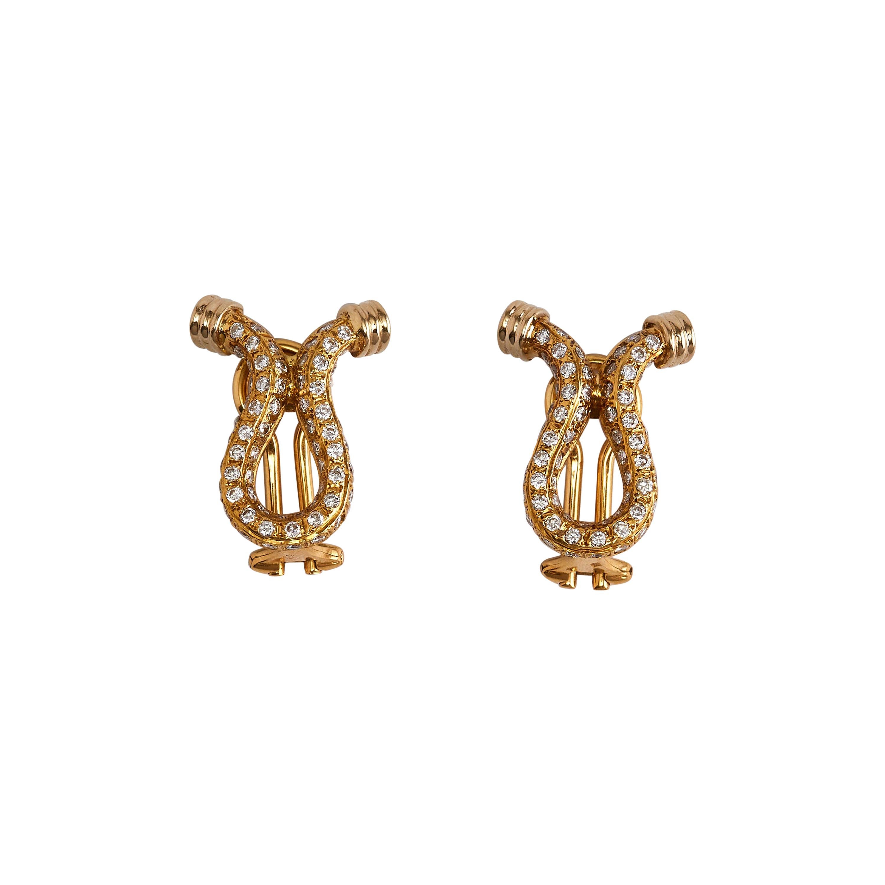 Pair of 18k Yellow Gold Diamond Omega Shaped Earrings For Sale