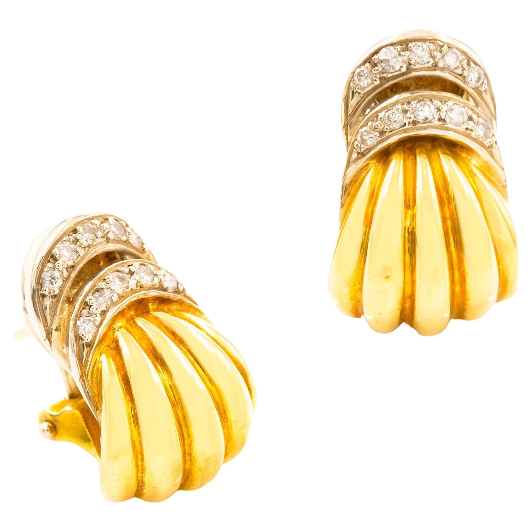 Pair of 18K Yellow Gold & Gemstone Swirl Earrings For Sale