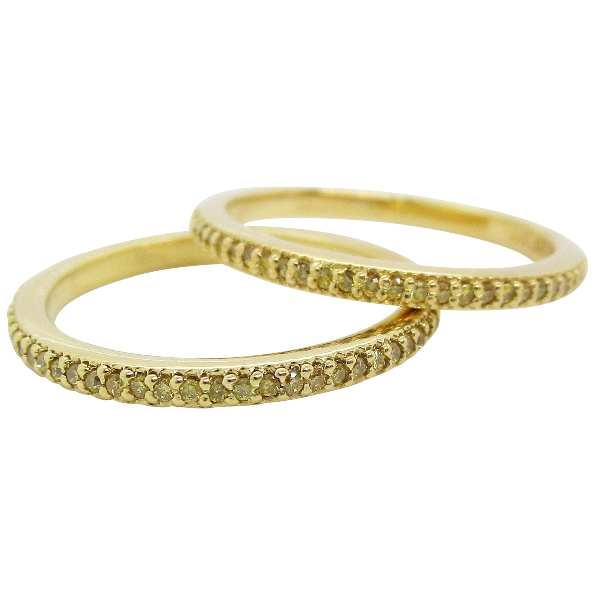 Pair of 18 Karat Yellow Gold Natural Fancy Yellow Diamond Bands New Old Stock