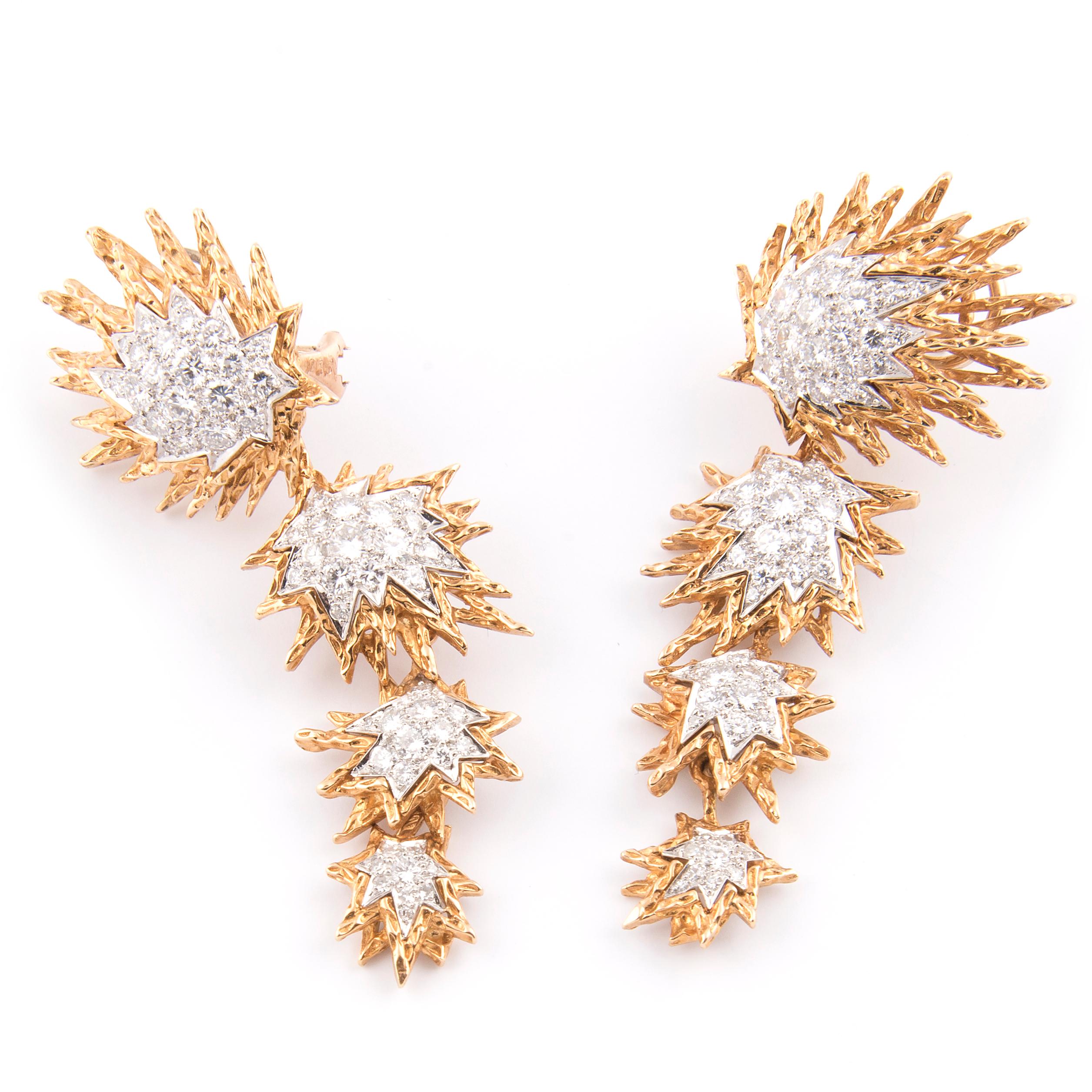 Women's Pair of 18k Yellow Gold, Platinum and Diamond Day-and-Night Earrings For Sale