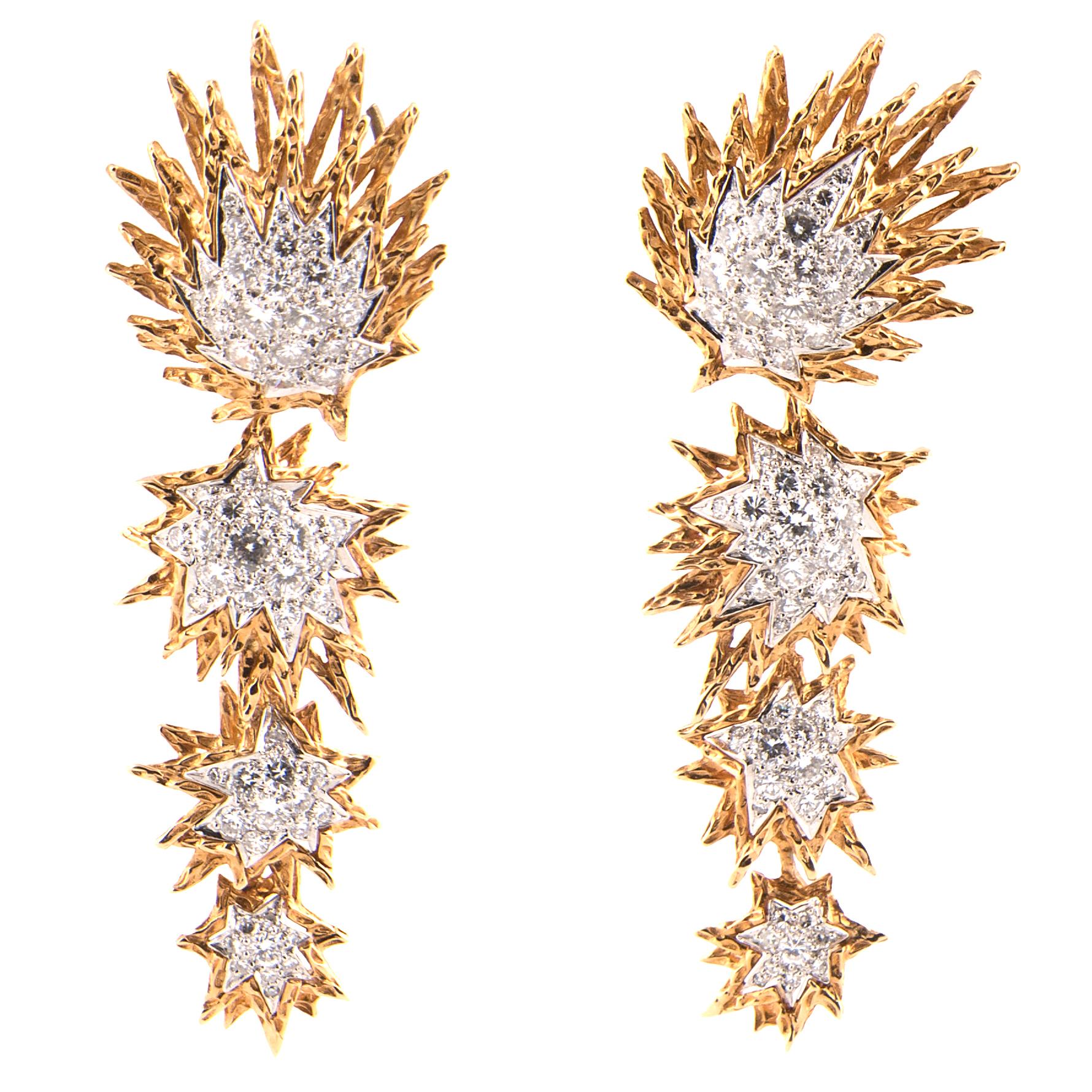 Pair of 18k Yellow Gold, Platinum and Diamond Day-and-Night Earrings For Sale