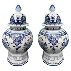 Pair of 18th-19th Century Blue and White Porcelain Lidded Jars, Marked