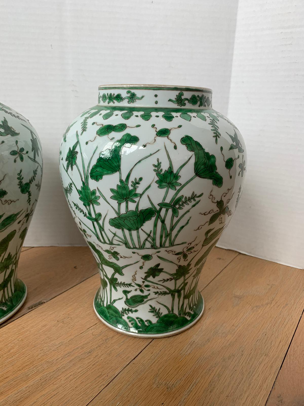 Pair of 18th-19th Century Chinese Green and White Porcelain Vases, Lotus Flowers 4