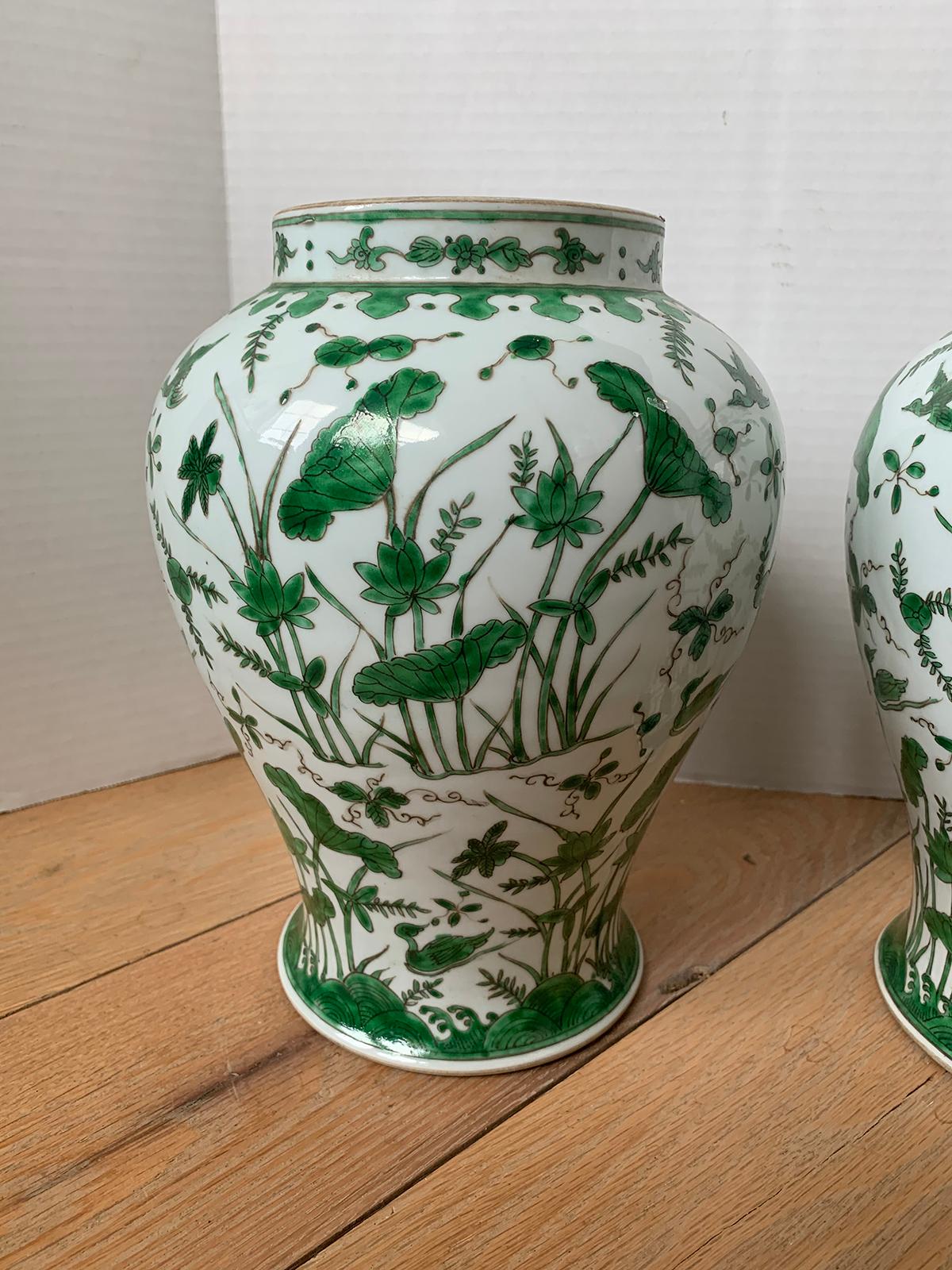 Pair of 18th-19th Century Chinese Green and White Porcelain Vases, Lotus Flowers 5