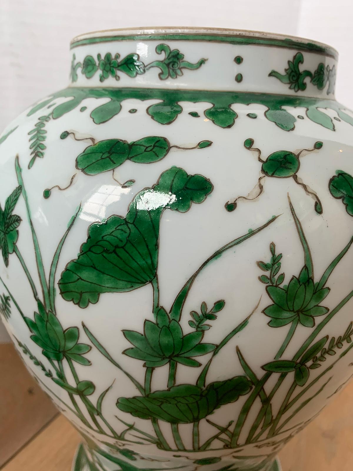 Pair of 18th-19th Century Chinese Green and White Porcelain Vases, Lotus Flowers 7