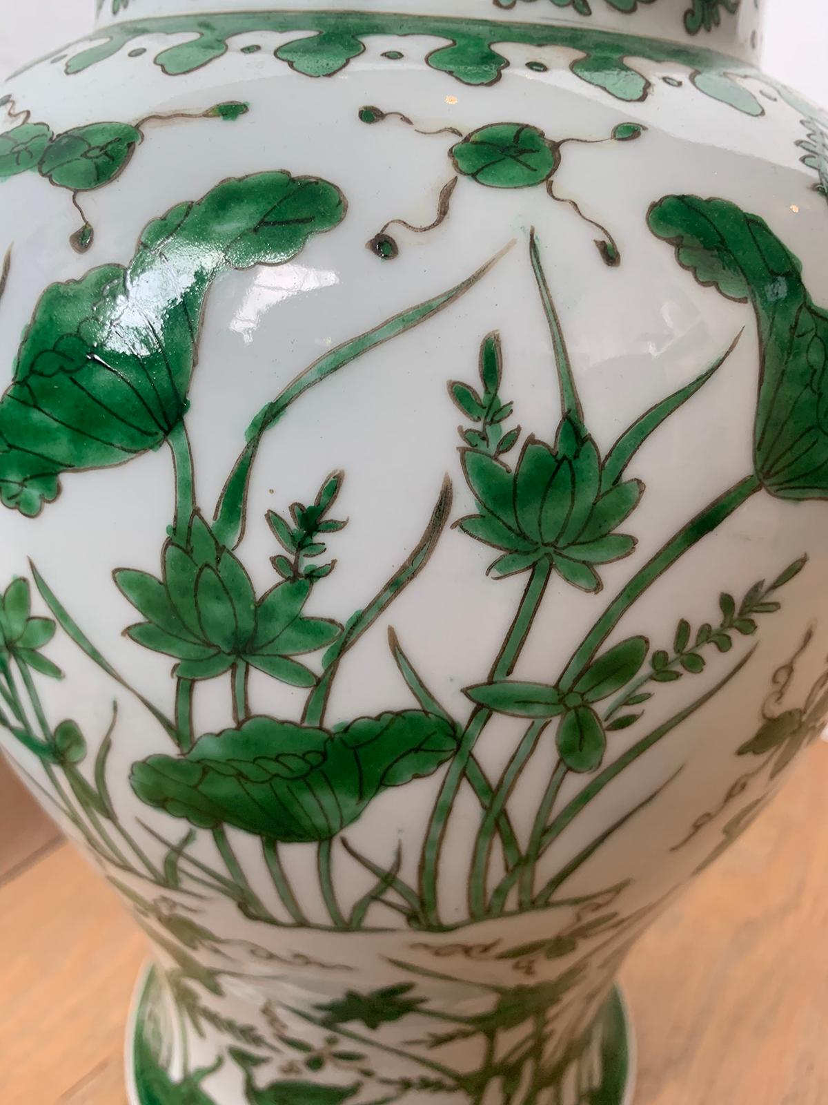 Pair of 18th-19th Century Chinese Green and White Porcelain Vases, Lotus Flowers 8