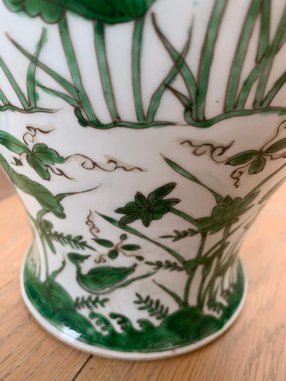 Pair of 18th-19th Century Chinese Green and White Porcelain Vases, Lotus Flowers 9