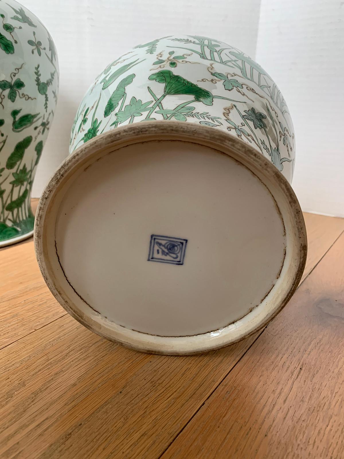 Pair of 18th-19th Century Chinese Green and White Porcelain Vases, Lotus Flowers In Good Condition In Atlanta, GA