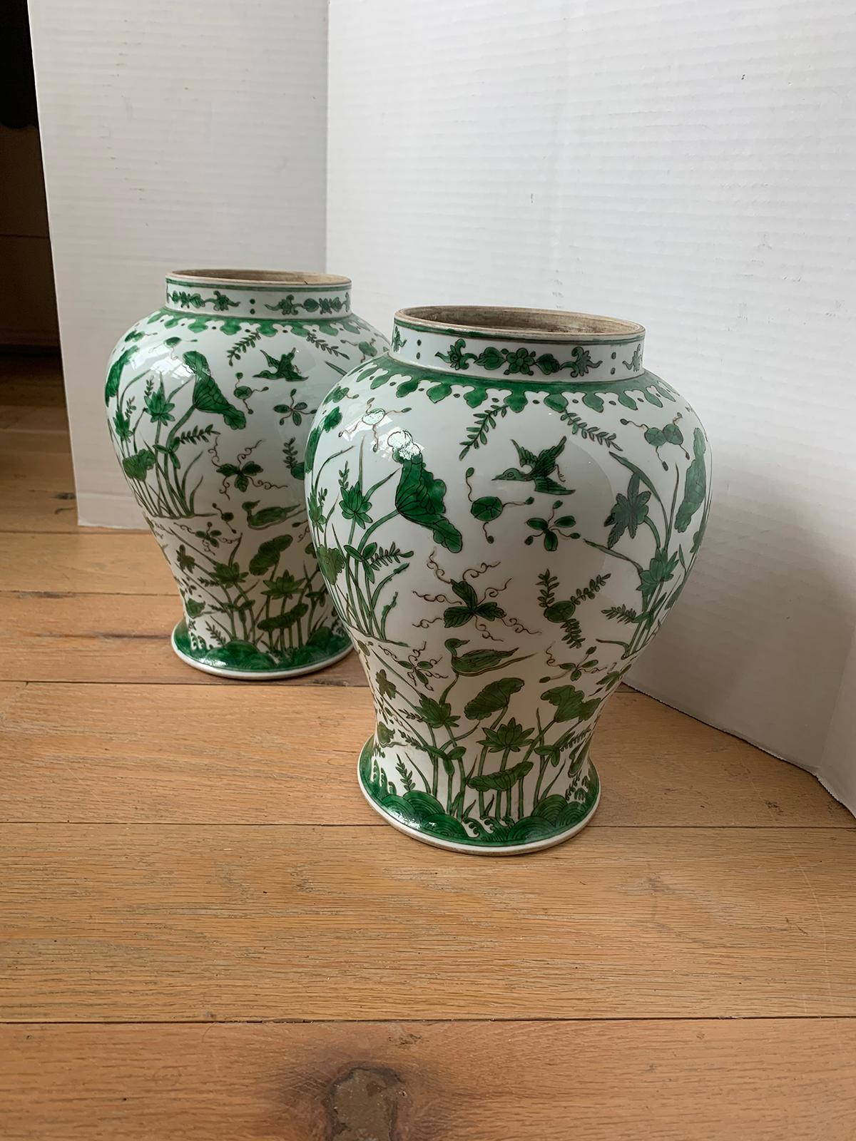 18th Century Pair of 18th-19th Century Chinese Green and White Porcelain Vases, Lotus Flowers