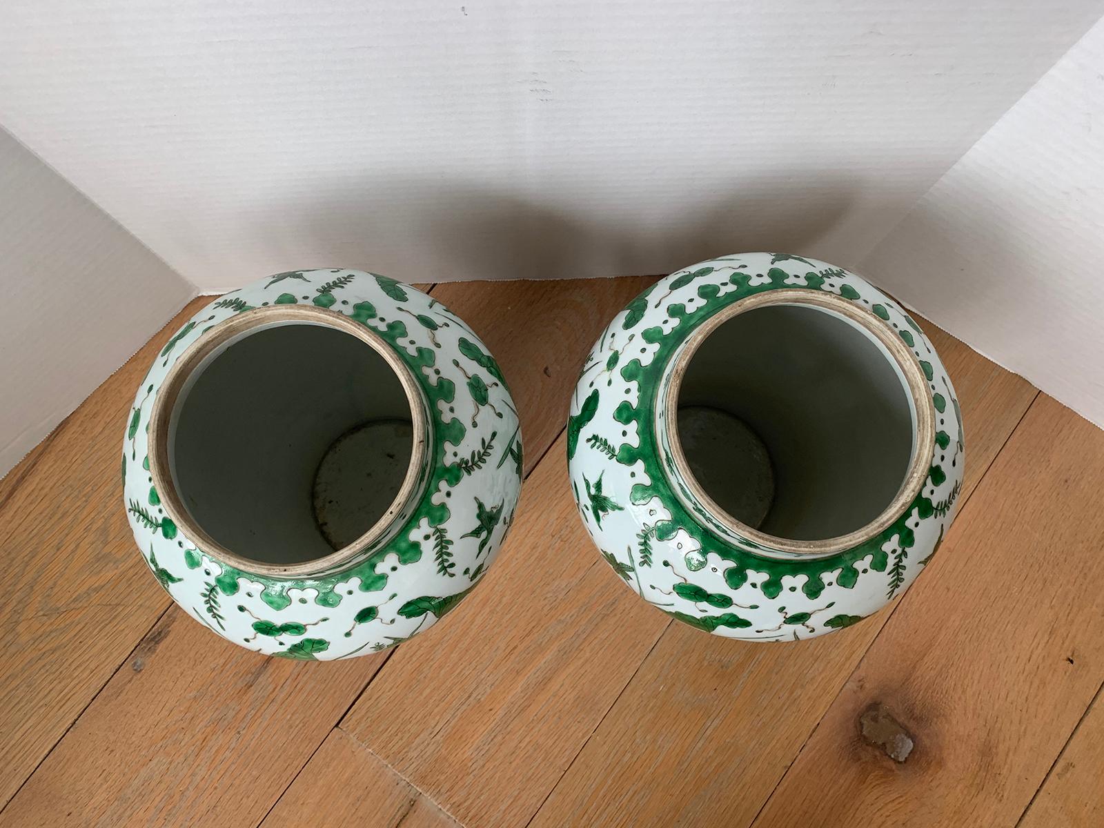 Ceramic Pair of 18th-19th Century Chinese Green and White Porcelain Vases, Lotus Flowers