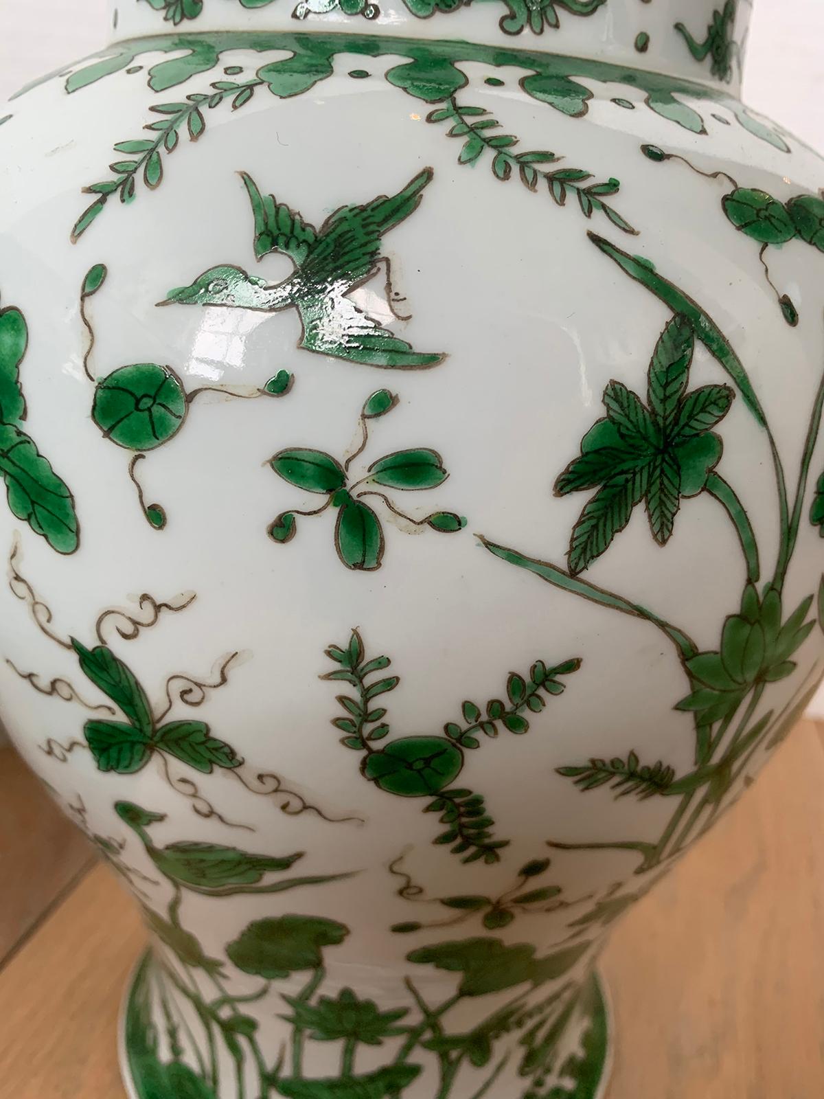 Pair of 18th-19th Century Chinese Green and White Porcelain Vases, Lotus Flowers 1