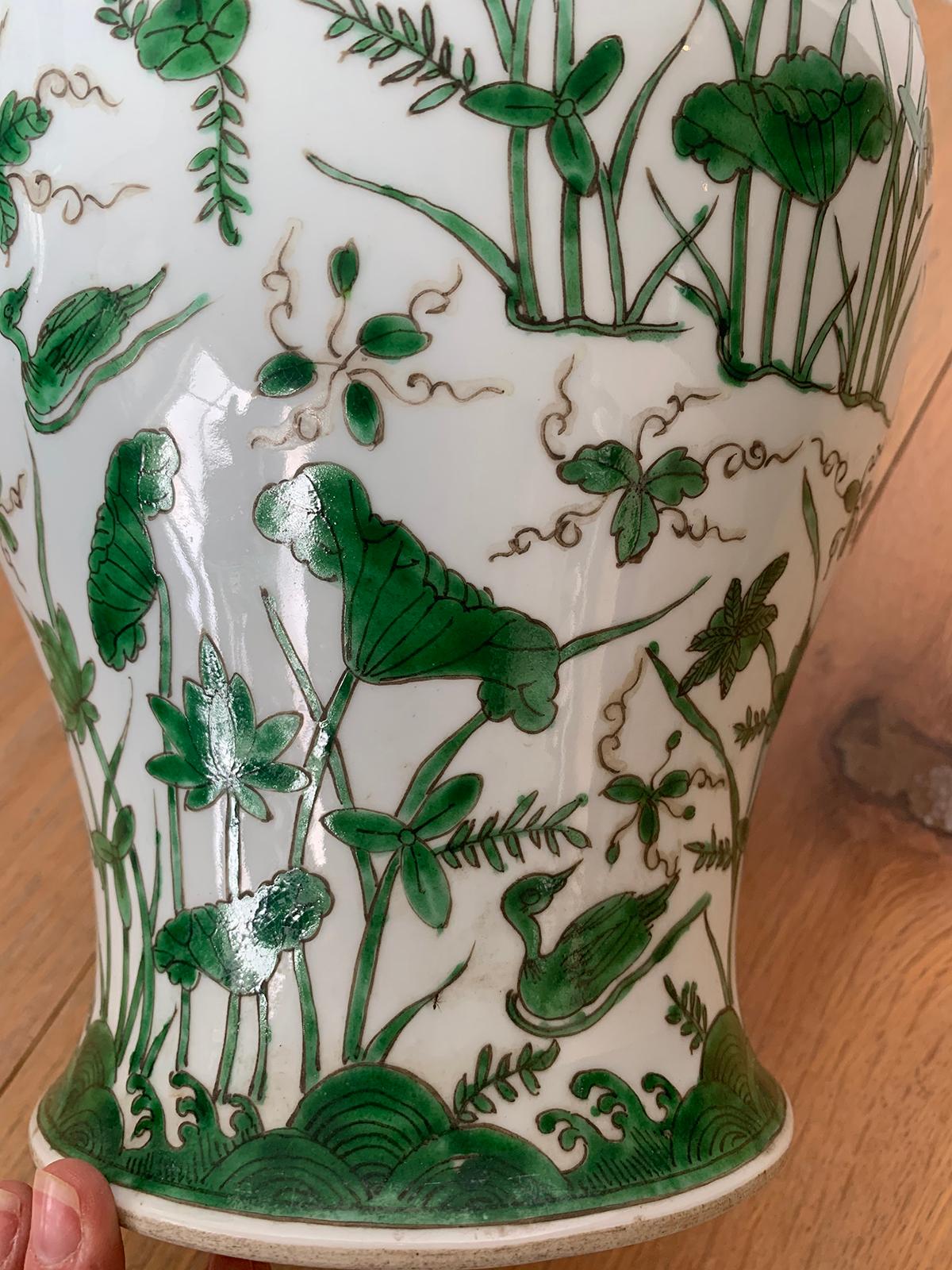 Pair of 18th-19th Century Chinese Green and White Porcelain Vases, Lotus Flowers 2