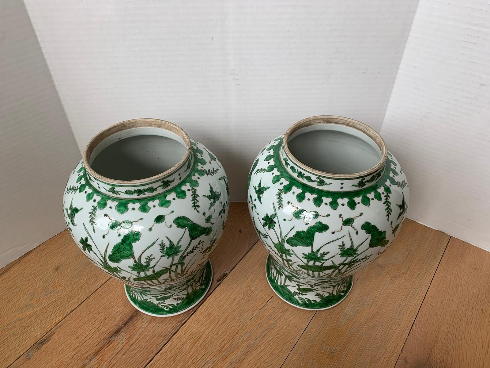 Pair of 18th-19th Century Chinese Green and White Porcelain Vases, Lotus Flowers 3