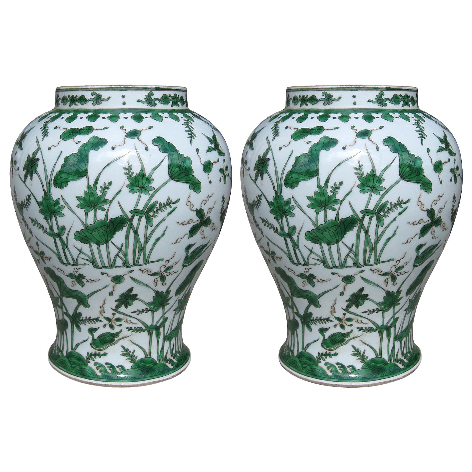Pair of 18th-19th Century Chinese Green and White Porcelain Vases, Lotus Flowers