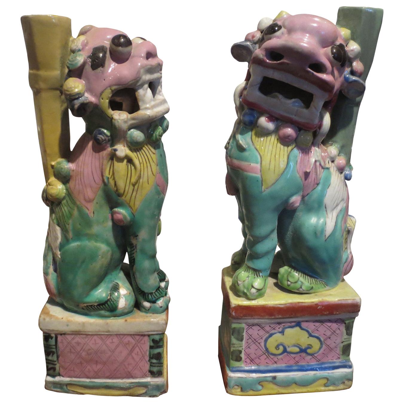 Pair of 18th-19th Century Chinese Hand Painted Polychrome Porcelain Foo Dogs For Sale