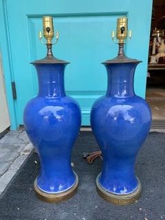 Pair of 18th-19th Century Chinese Monotone Cobalt Blue Porcelain Vases as Lamps