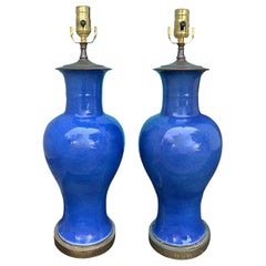 Pair of 18th-19th Century Chinese Monotone Cobalt Blue Porcelain Vases as Lamps