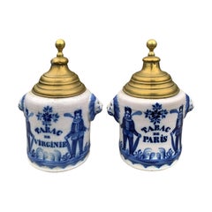 Pair of 18th-19th Century Delft Blue and White Porcelain Tobacco Jars Brass Lids