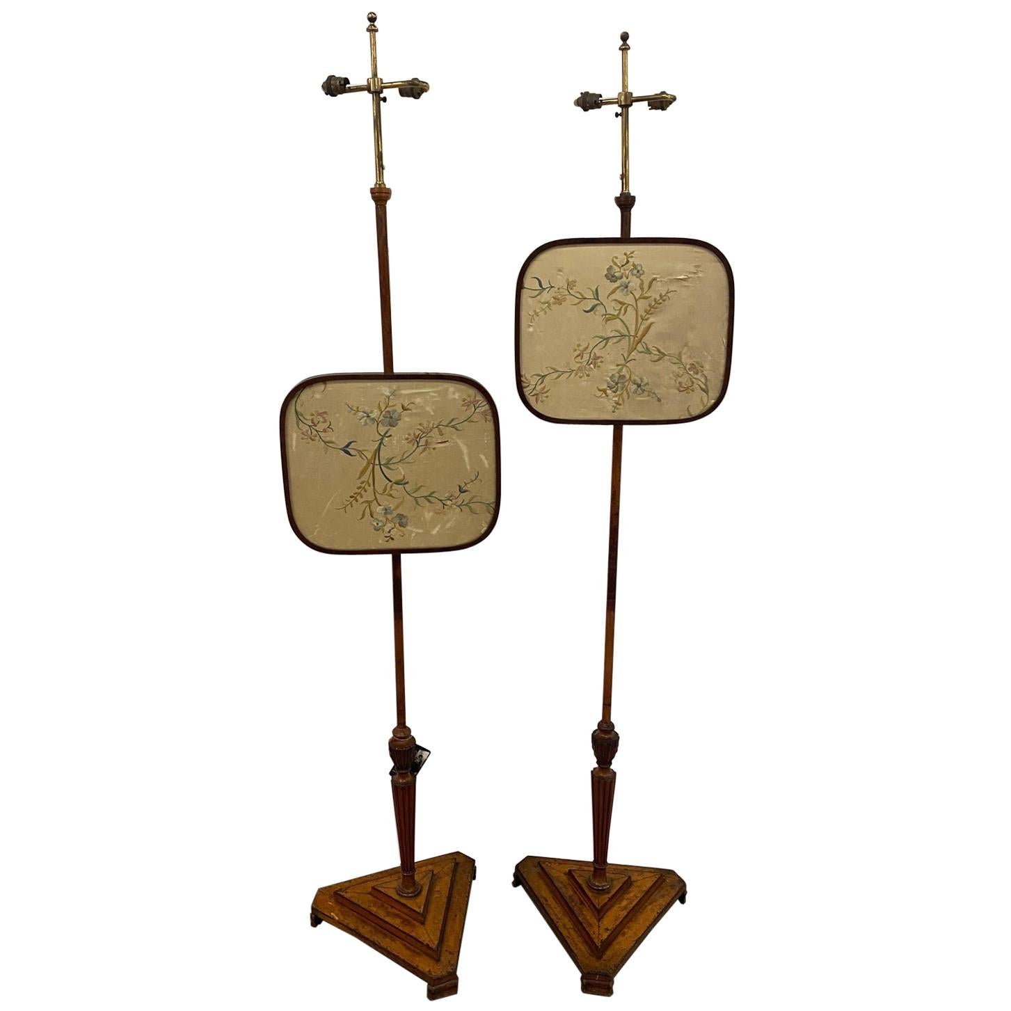 Pair of 18th-19th Century English Chippendale Pole Screens Made into Floor Lamps