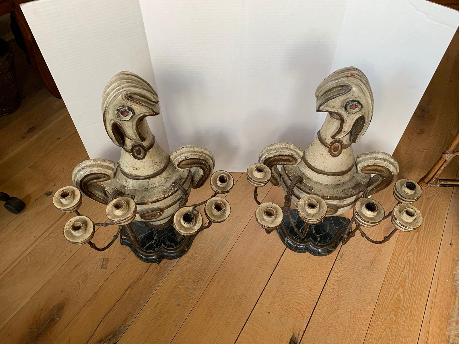 Pair of 18th-19th Century French Painted Four-Arm Candelabras, Faux Marble Bases 10