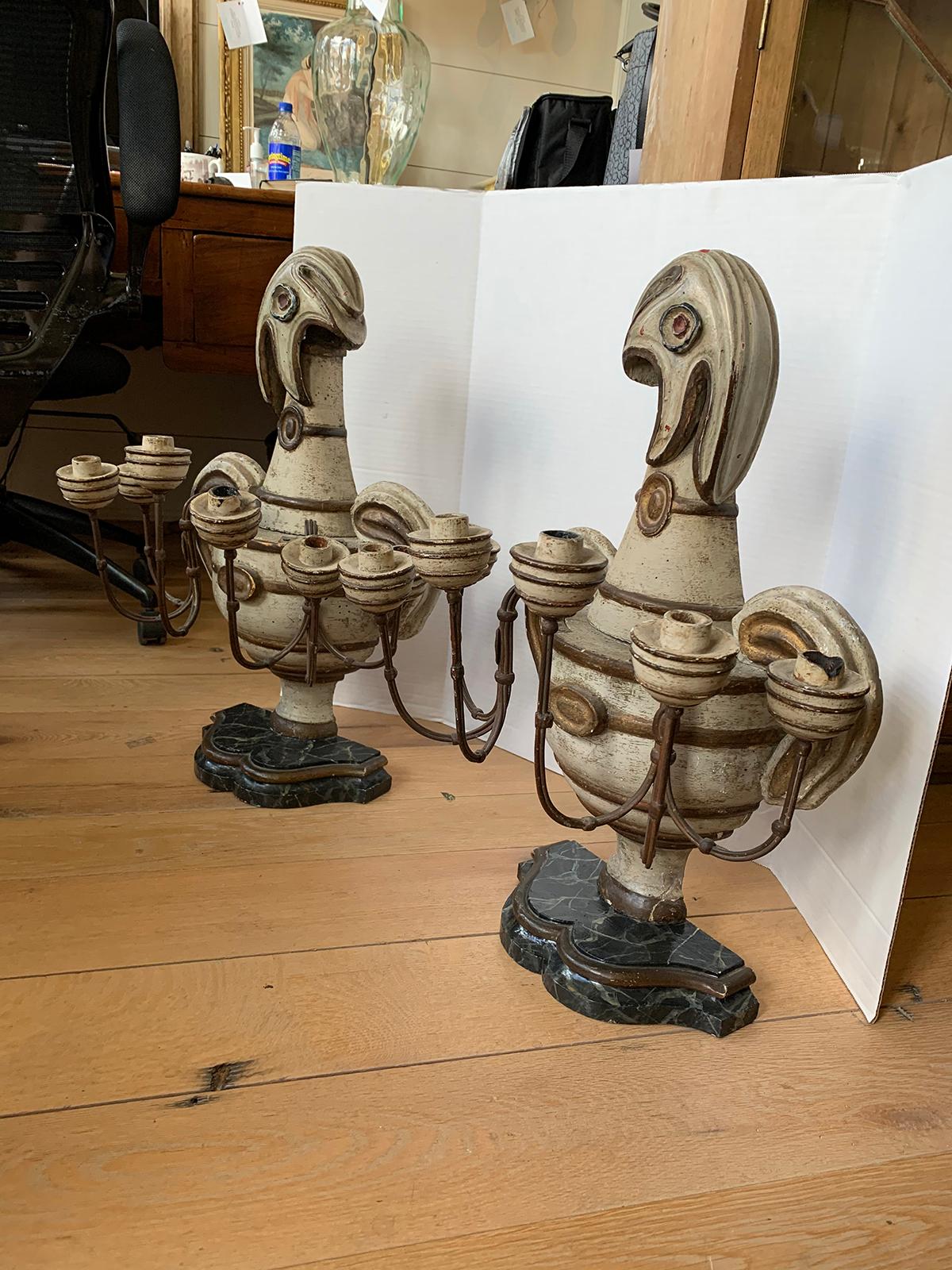 Pair of 18th-19th Century French Painted Four-Arm Candelabras, Faux Marble Bases In Good Condition In Atlanta, GA
