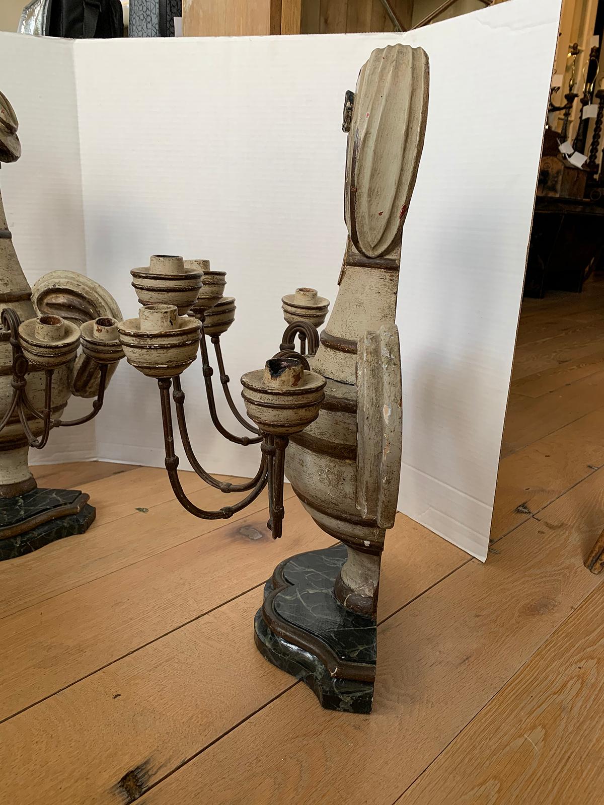 Pair of 18th-19th Century French Painted Four-Arm Candelabras, Faux Marble Bases 1