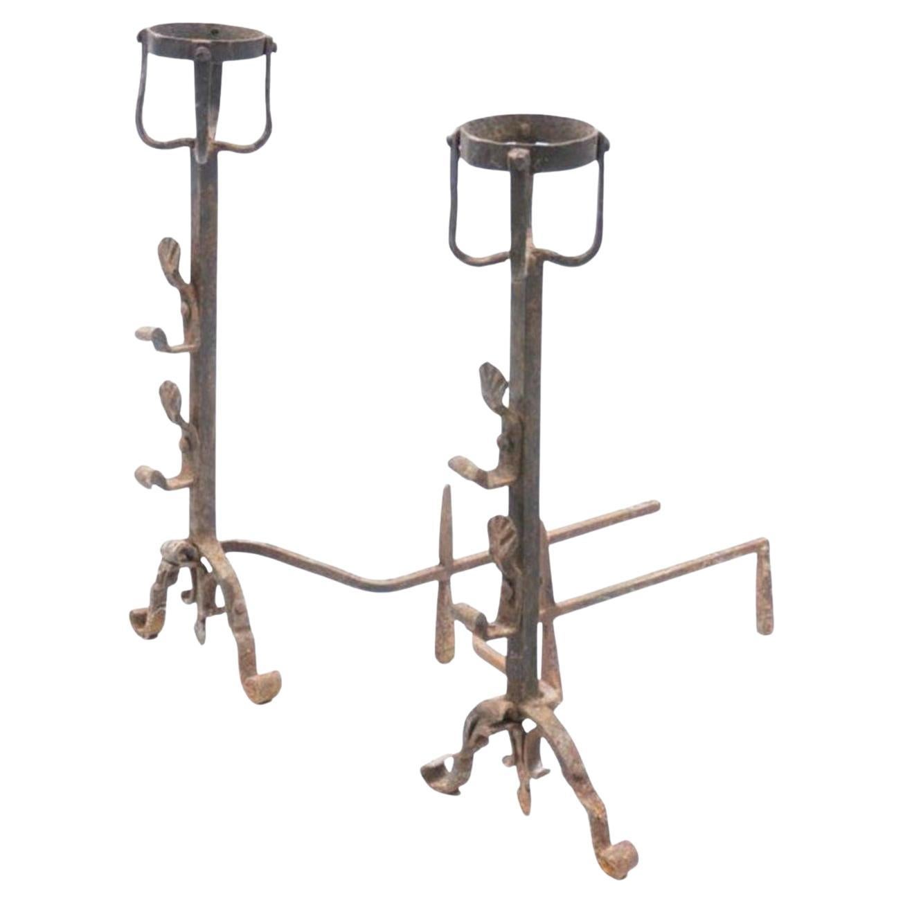 Pair of 18th/19th Century French Wrought Iron Andirons For Sale