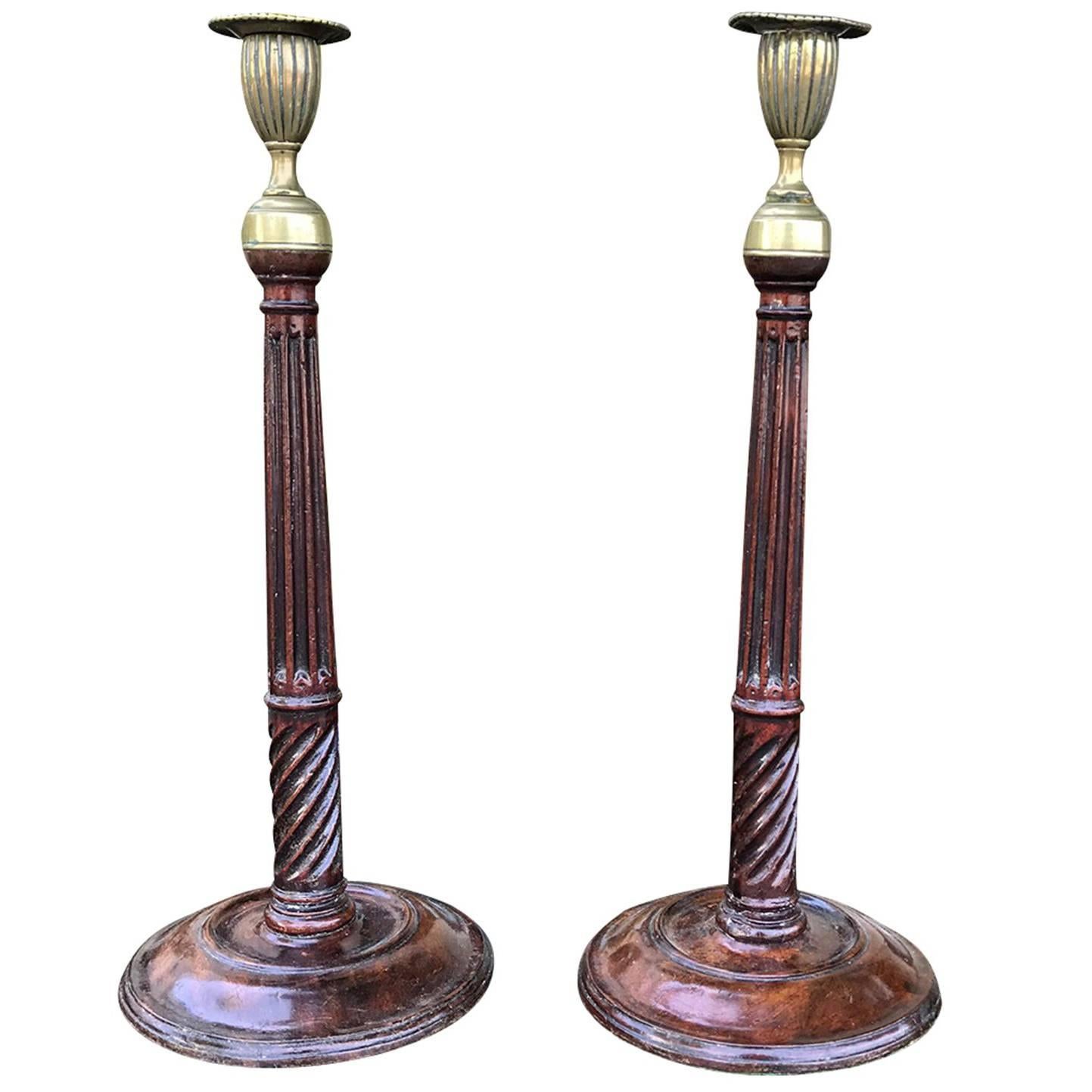 Pair of 18th-19th Century George III Style Antique Brass-Mounted Candlesticks