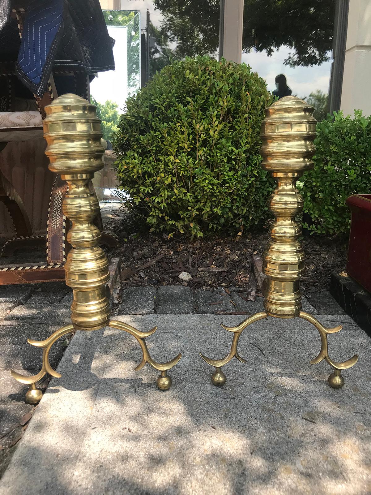 Pair of 18th-19th century Georgian style brass andirons.