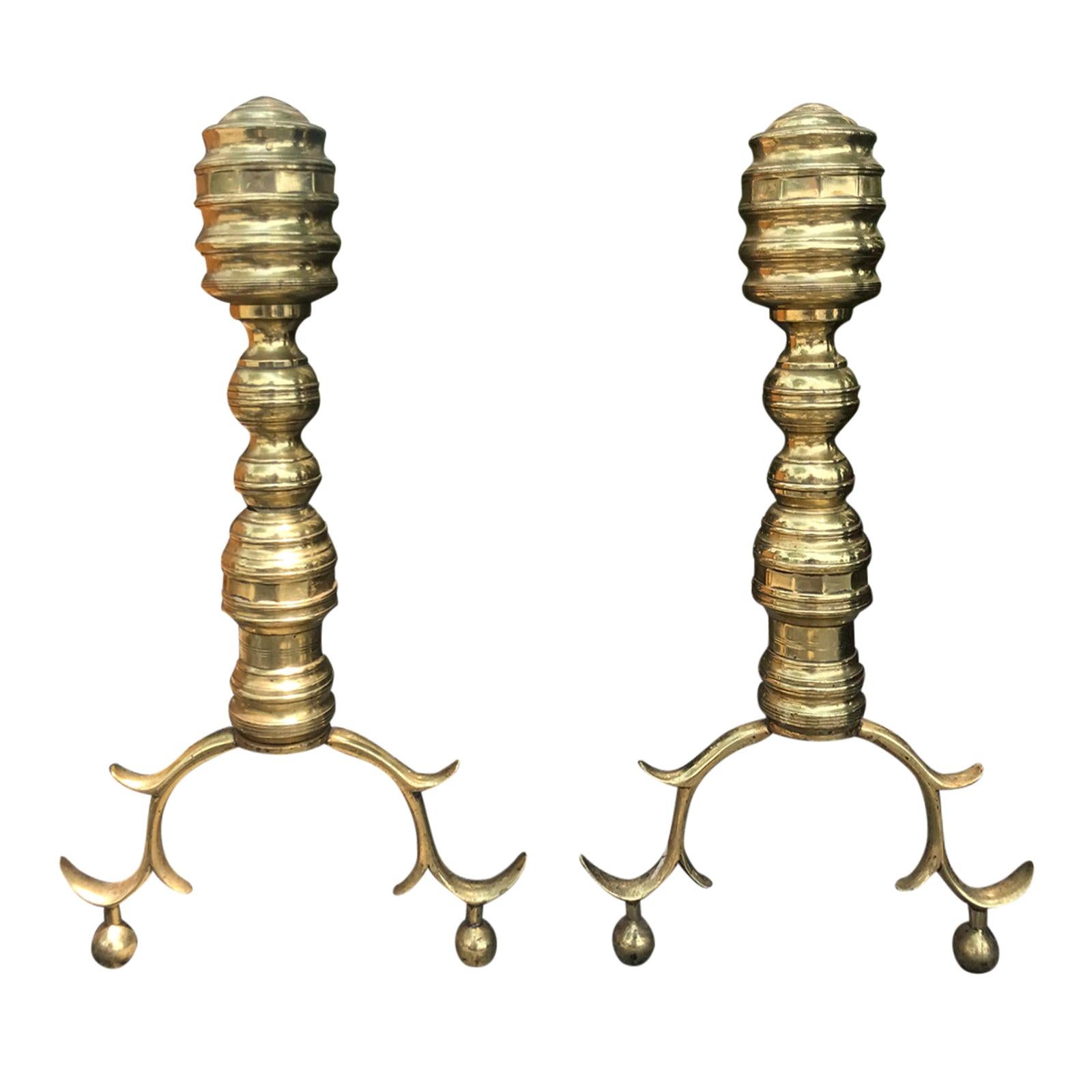 Pair of 18th-19th Century Georgian Style Brass Andirons