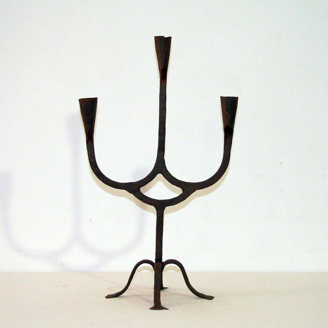 Primitive Pair of 18th-19th Century Hand-Forged Iron Candleholders