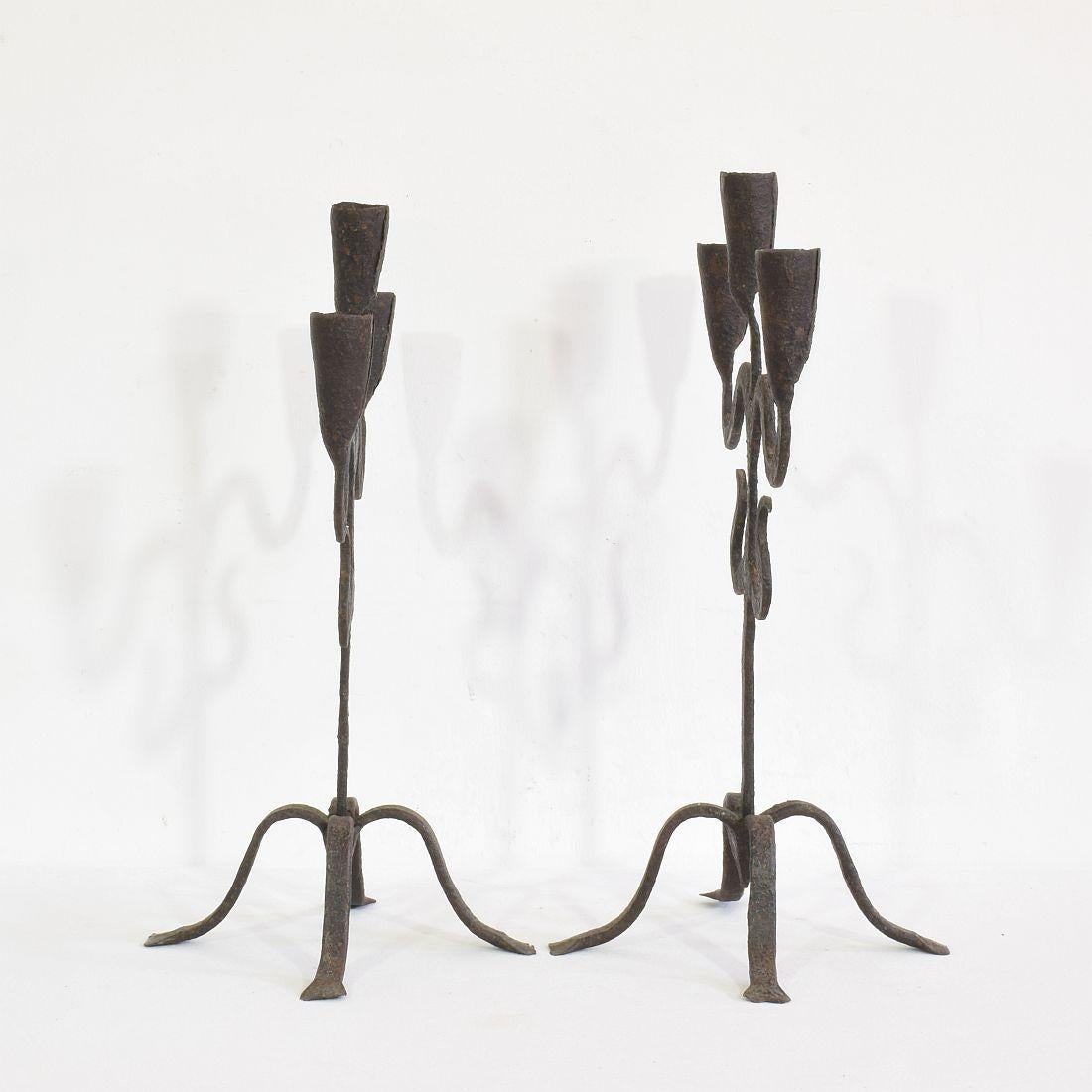 Rustic Pair of 18th-19th Century Hand-Forged Iron Candleholders