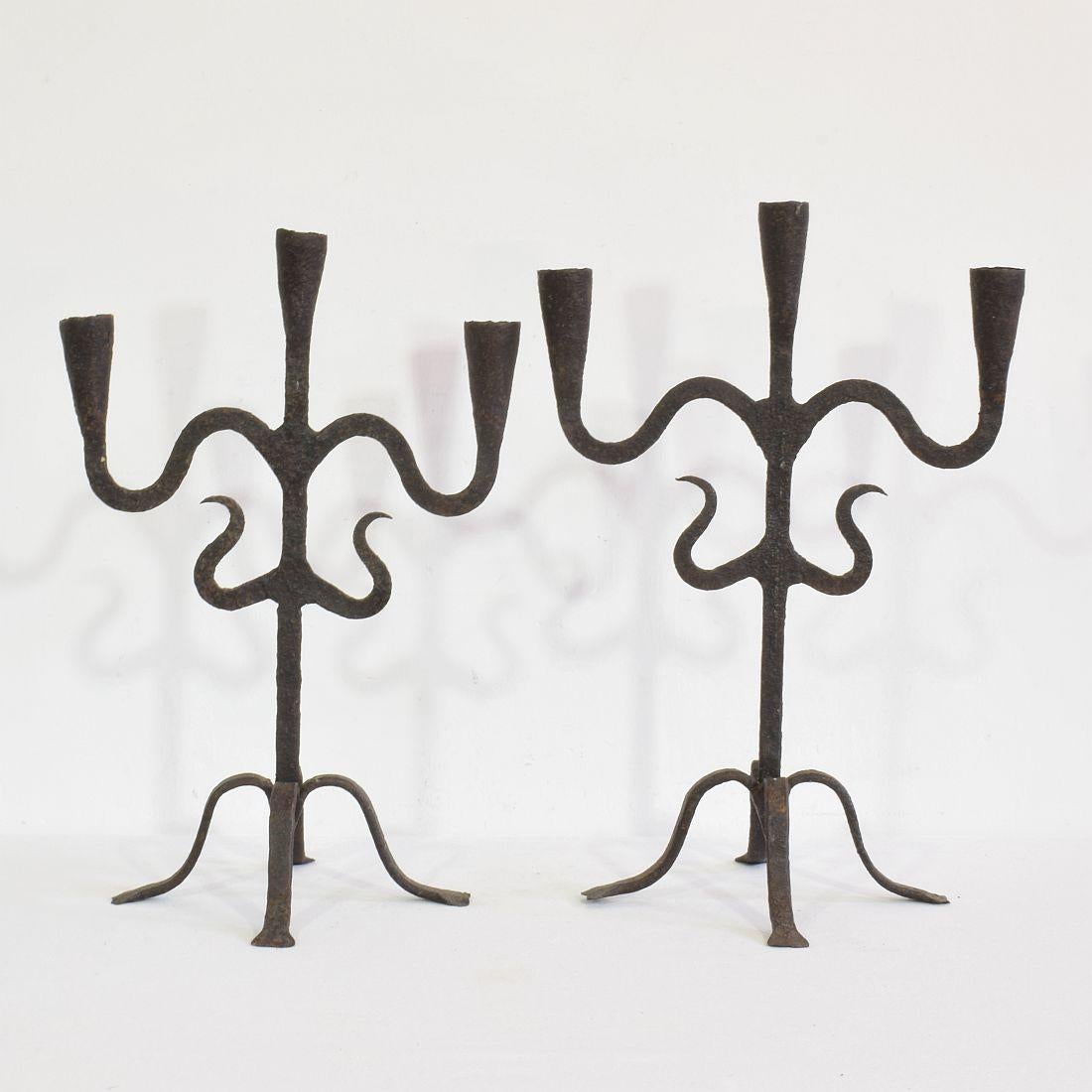 Spanish Pair of 18th-19th Century Hand-Forged Iron Candleholders