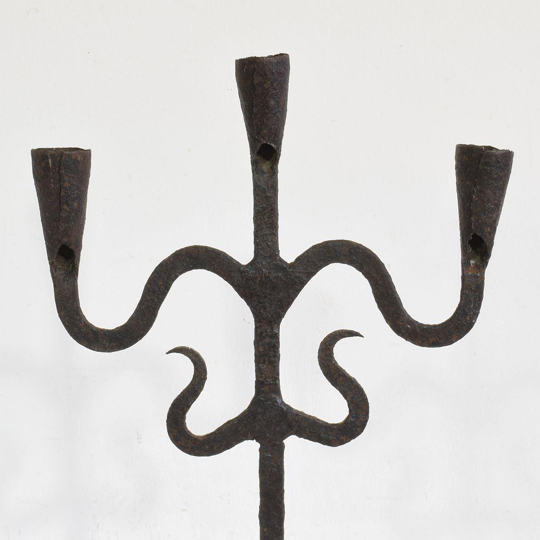 18th Century and Earlier Pair of 18th-19th Century Hand-Forged Iron Candleholders