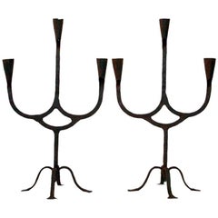 Pair of 18th-19th Century Hand-Forged Iron Candleholders