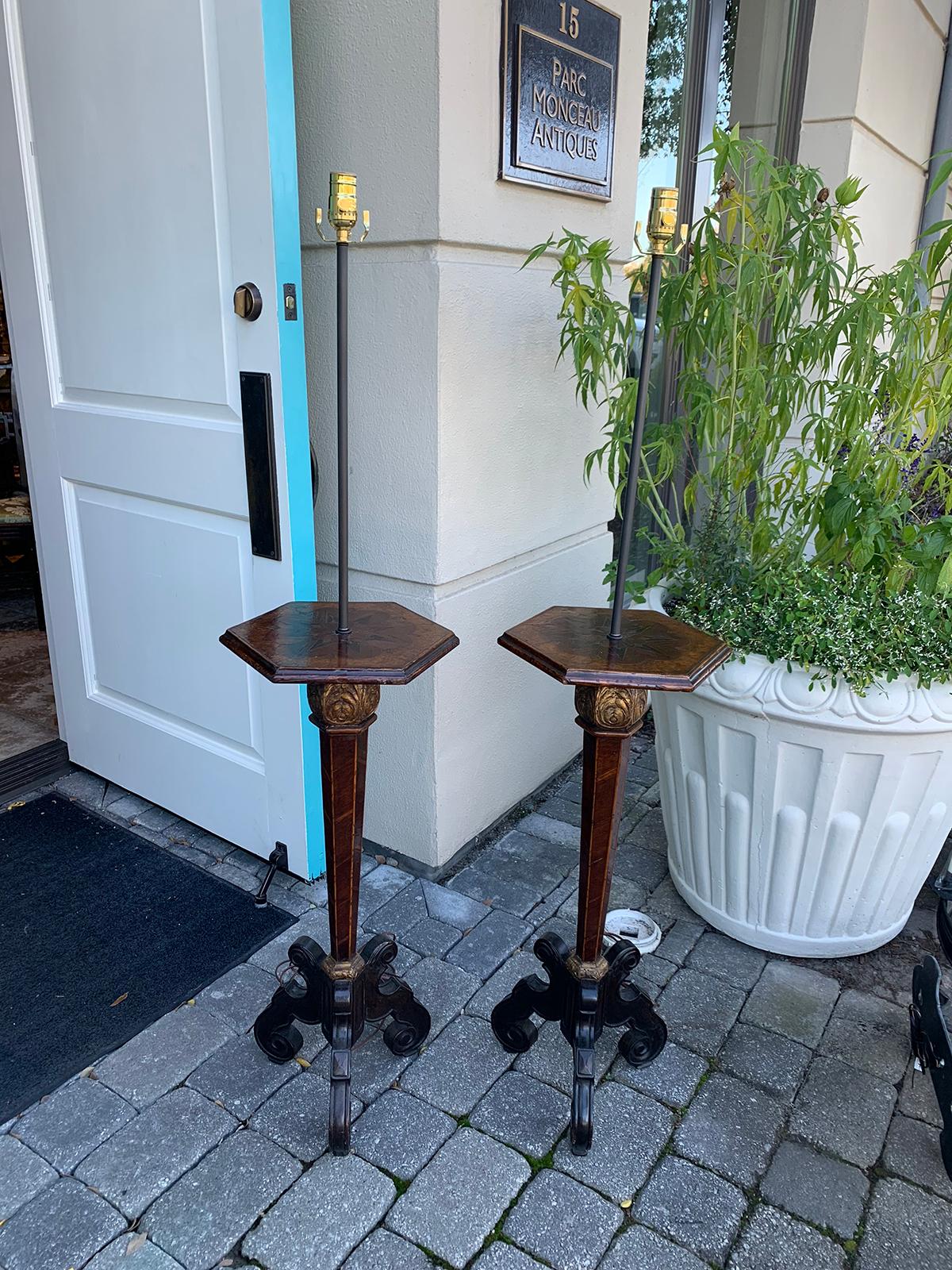 Pair of 18th-19th century inlaid continental pedestals as floor lamps
Brand new wiring.
Measures: 12.5