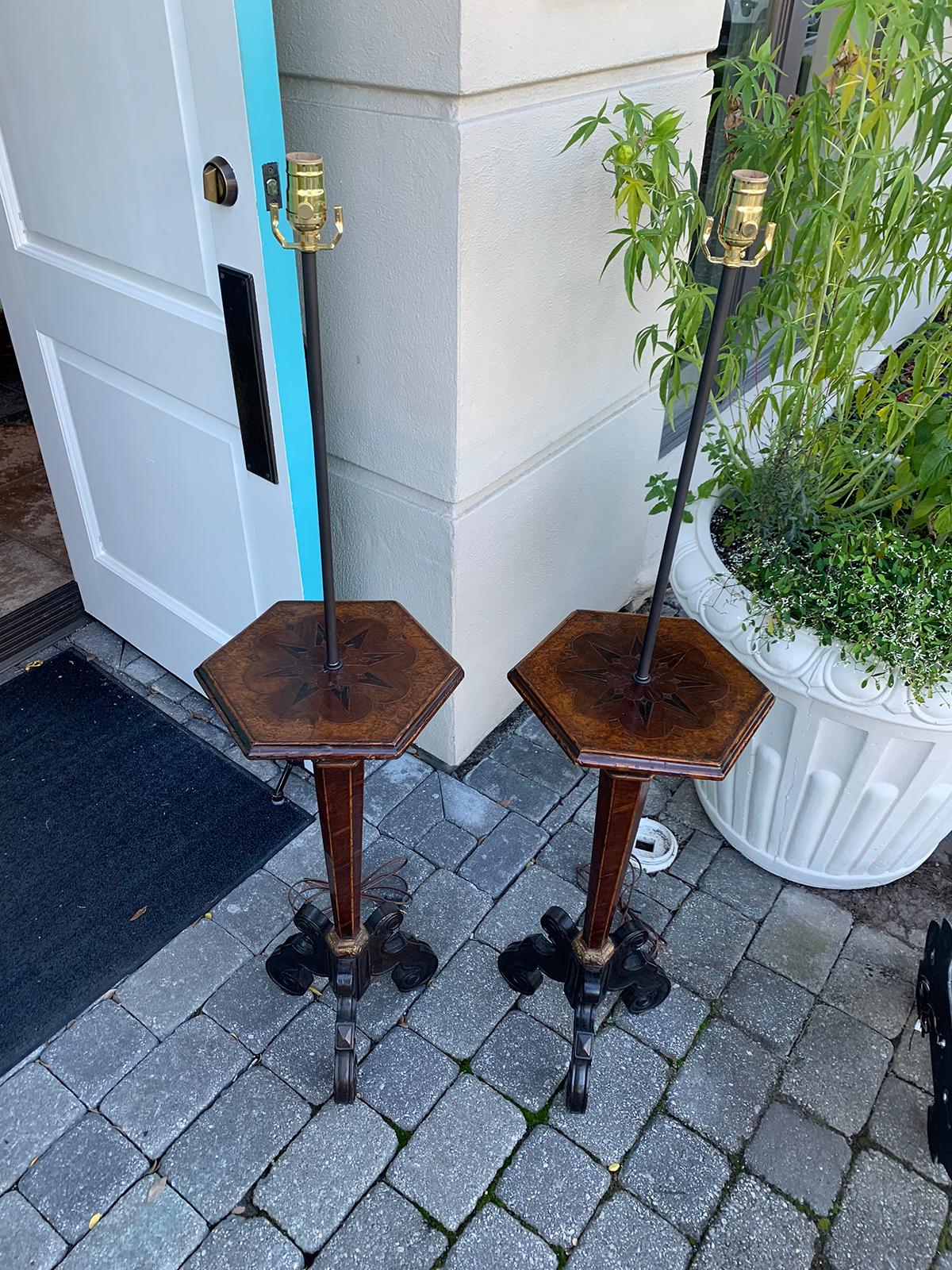 Inlay Pair of 18th-19th Century Inlaid Continental Pedestals as Floor Lamps