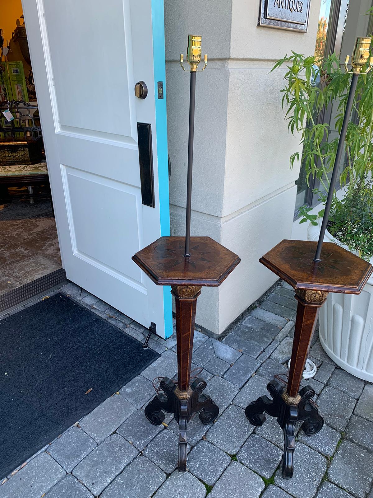 Wood Pair of 18th-19th Century Inlaid Continental Pedestals as Floor Lamps