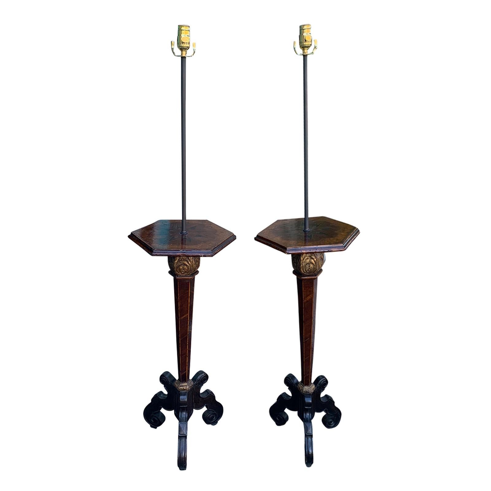 Pair of 18th-19th Century Inlaid Continental Pedestals as Floor Lamps