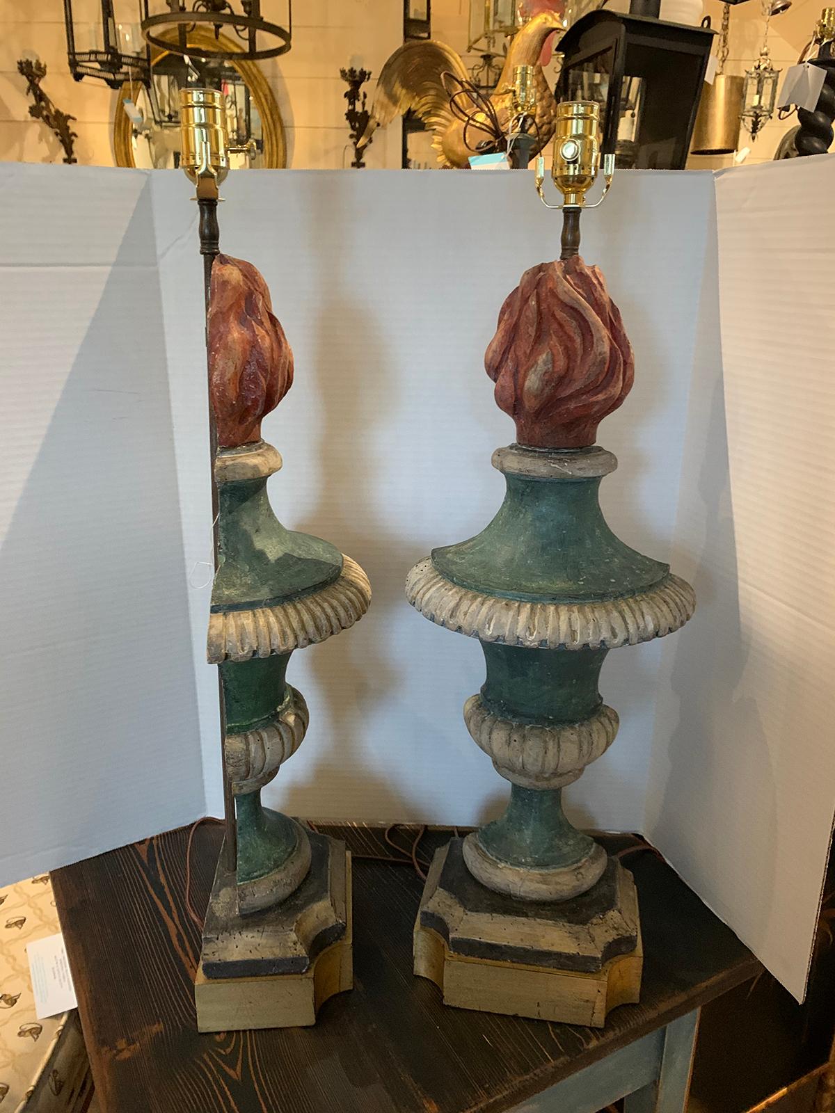 Hand-Painted Pair of 18th-19th Century Italian Hand Carved Wood Polychrome Urns as Lamps