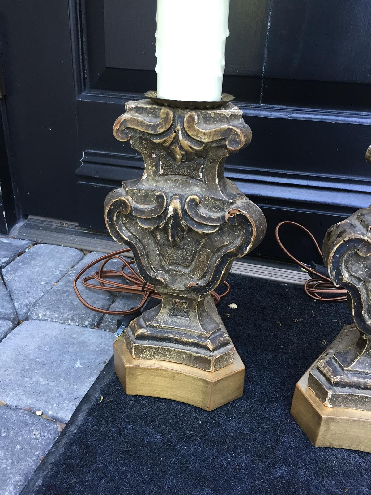 Hand-Carved Pair of 18th-19th Century Italian Prickets as Lamps on Custom Giltwood Bases