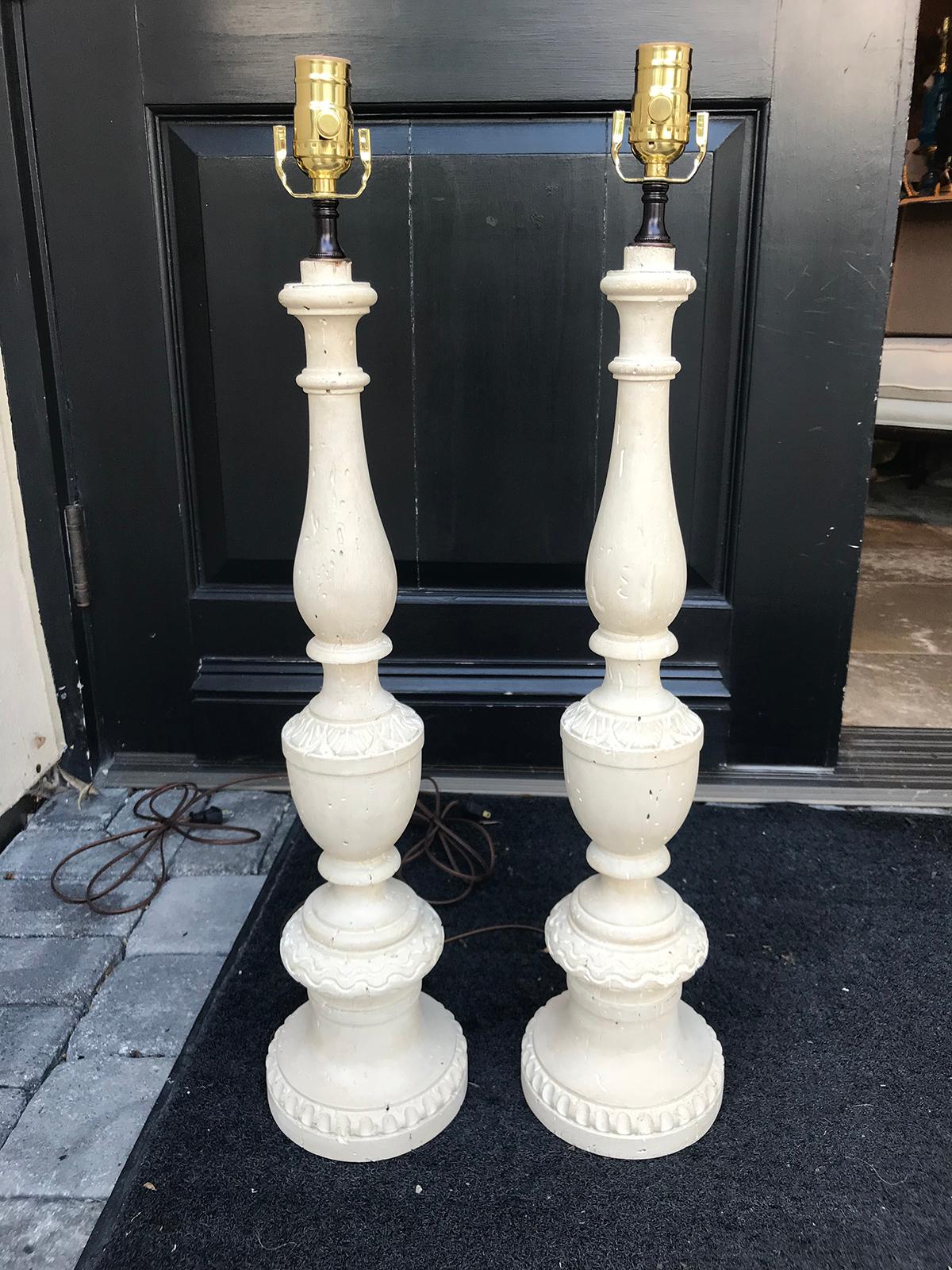 Pair of 18th-19th Century Italian Prickets as Lamps, White Finish In Good Condition In Atlanta, GA