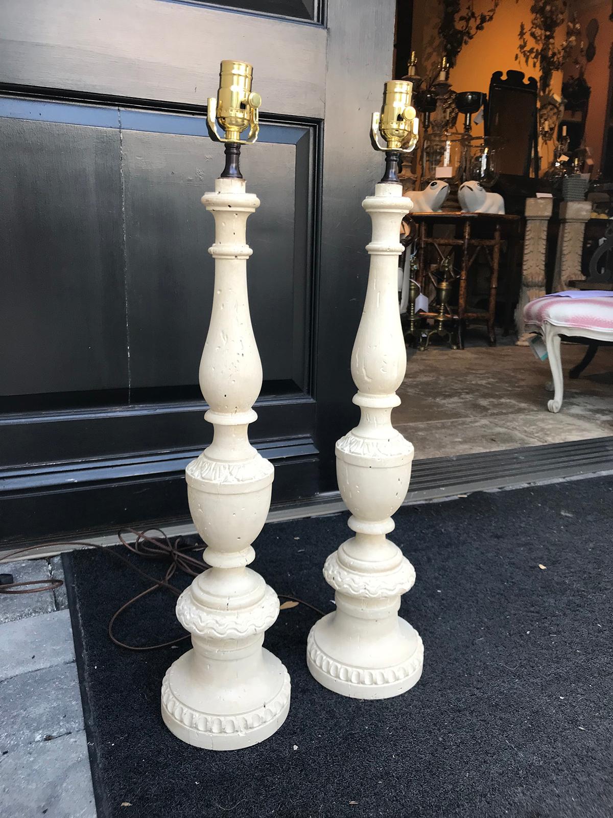 Wood Pair of 18th-19th Century Italian Prickets as Lamps, White Finish