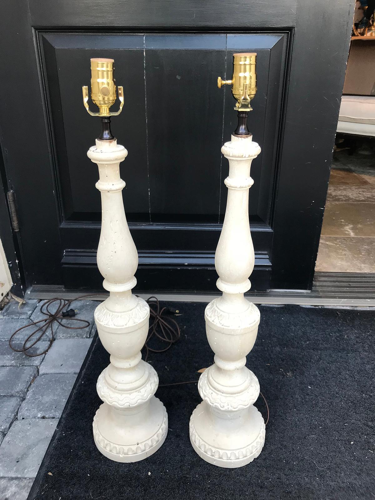 Pair of 18th-19th Century Italian Prickets as Lamps, White Finish 4