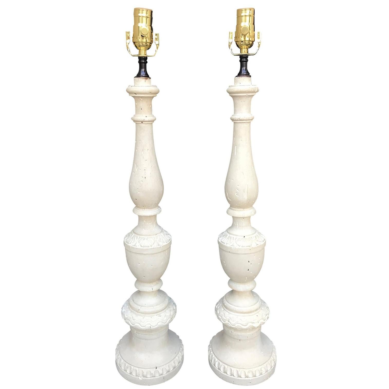 Pair of 18th-19th Century Italian Prickets as Lamps, White Finish
