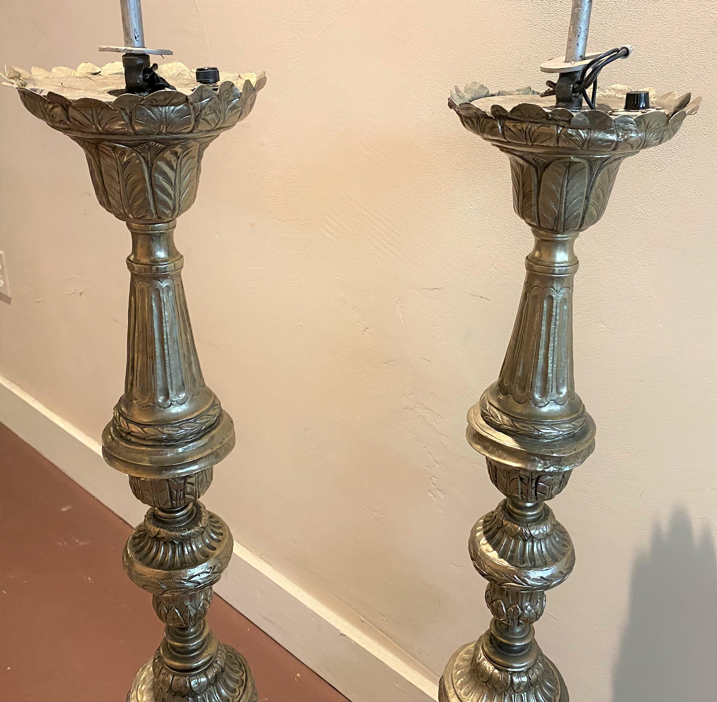 Baroque Pair of 18th/19th Century Italian Silvered Metal Altar Sticks For Sale