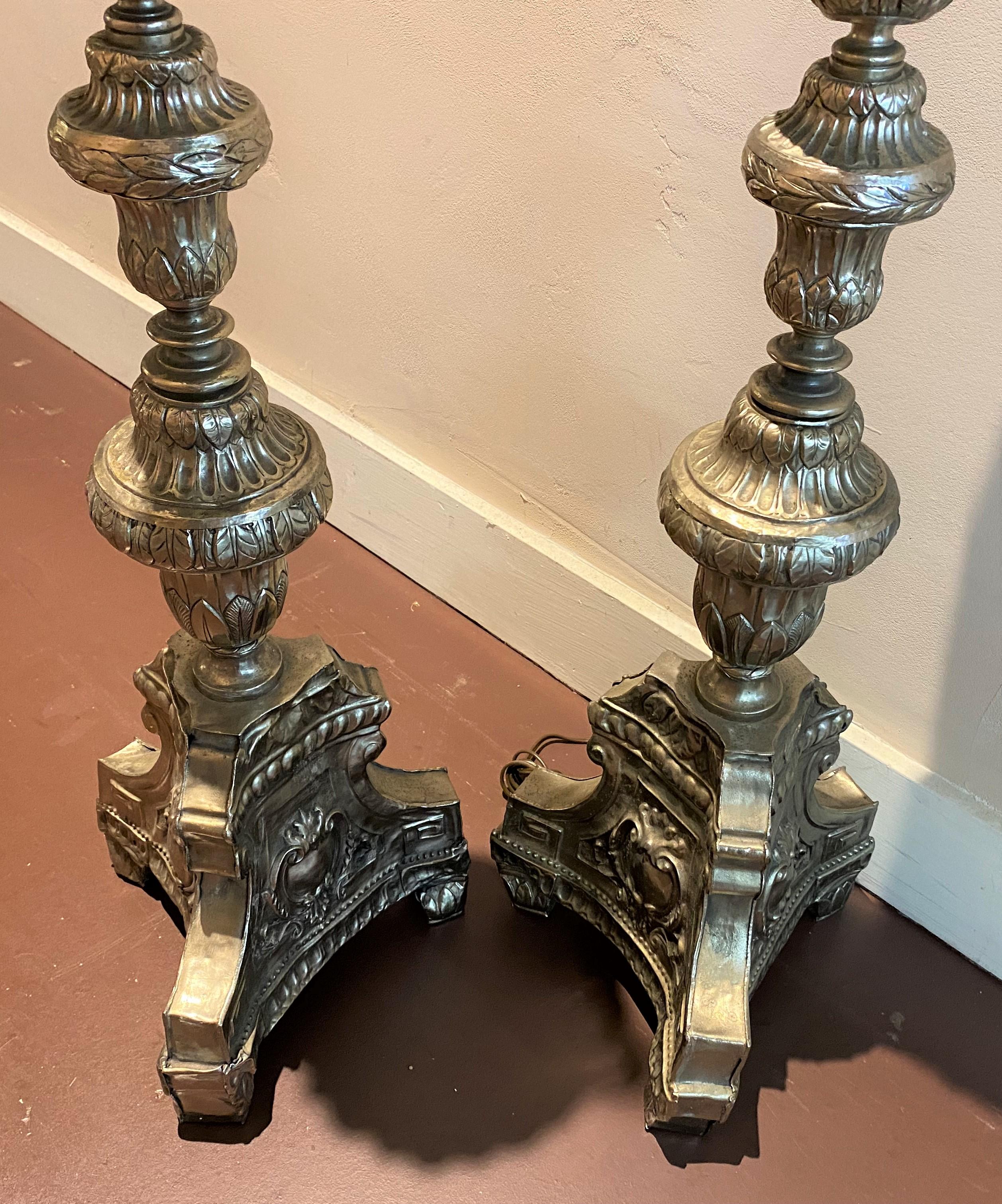 Hand-Crafted Pair of 18th/19th Century Italian Silvered Metal Altar Sticks For Sale