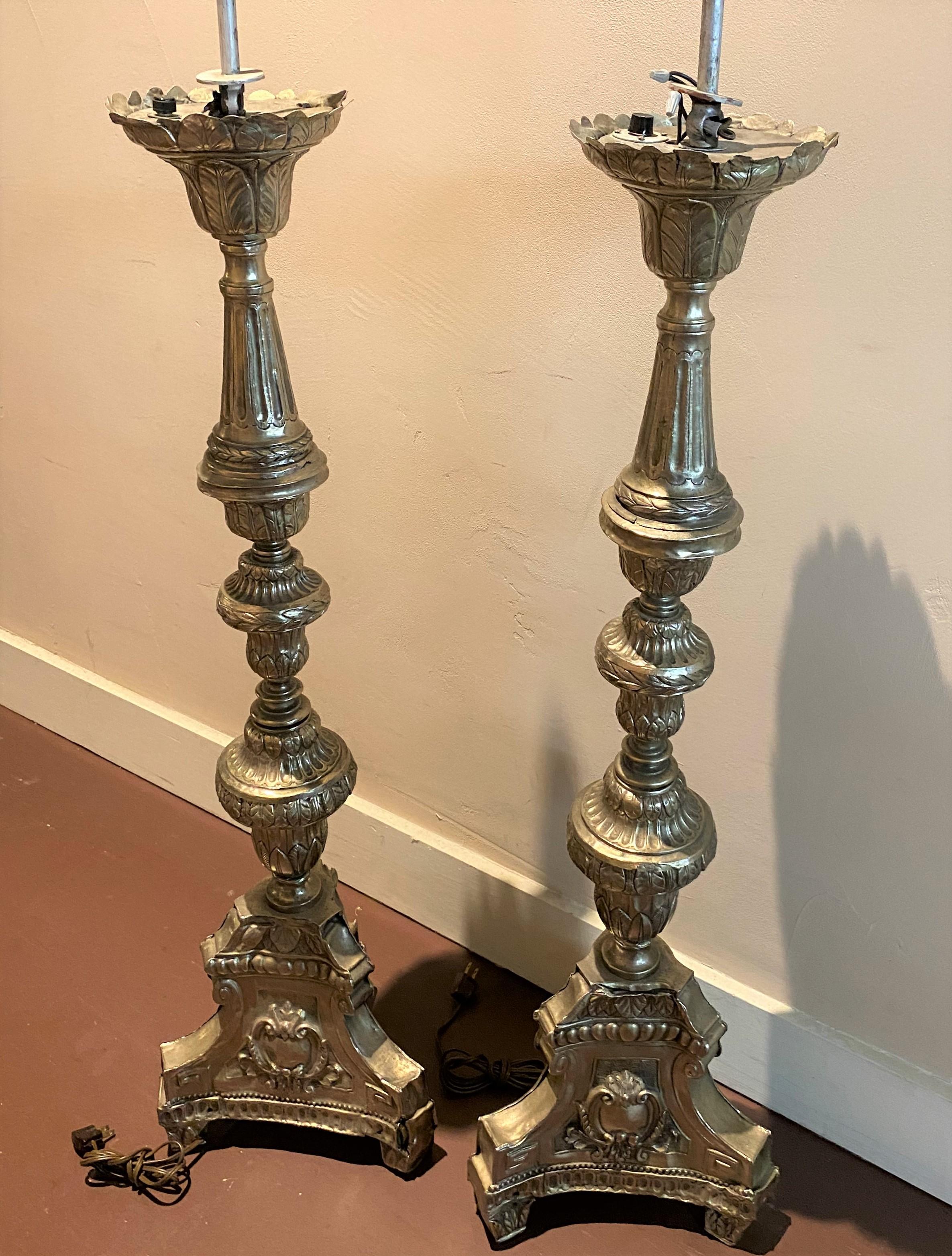 Pair of 18th/19th Century Italian Silvered Metal Altar Sticks In Good Condition For Sale In Milford, NH
